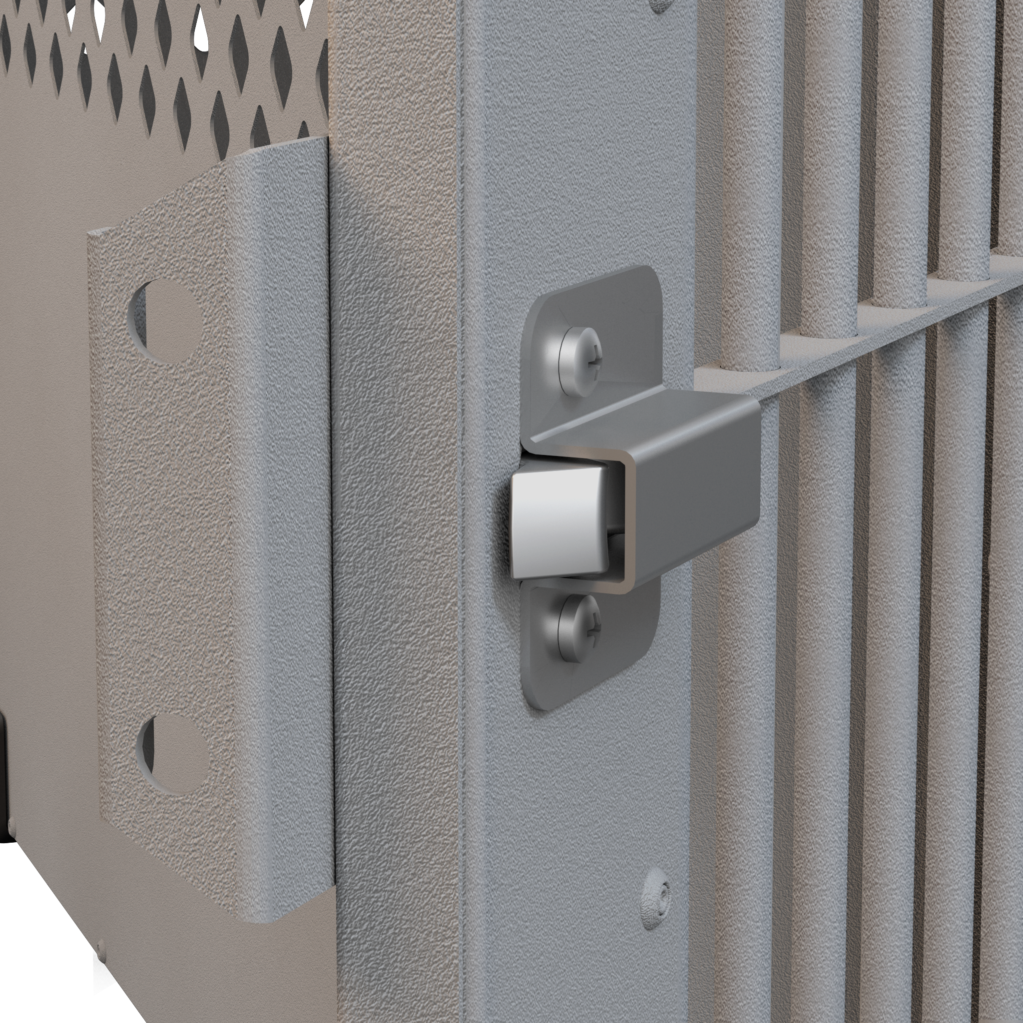 closeup inside slam latch on gray stationary impact dog crate