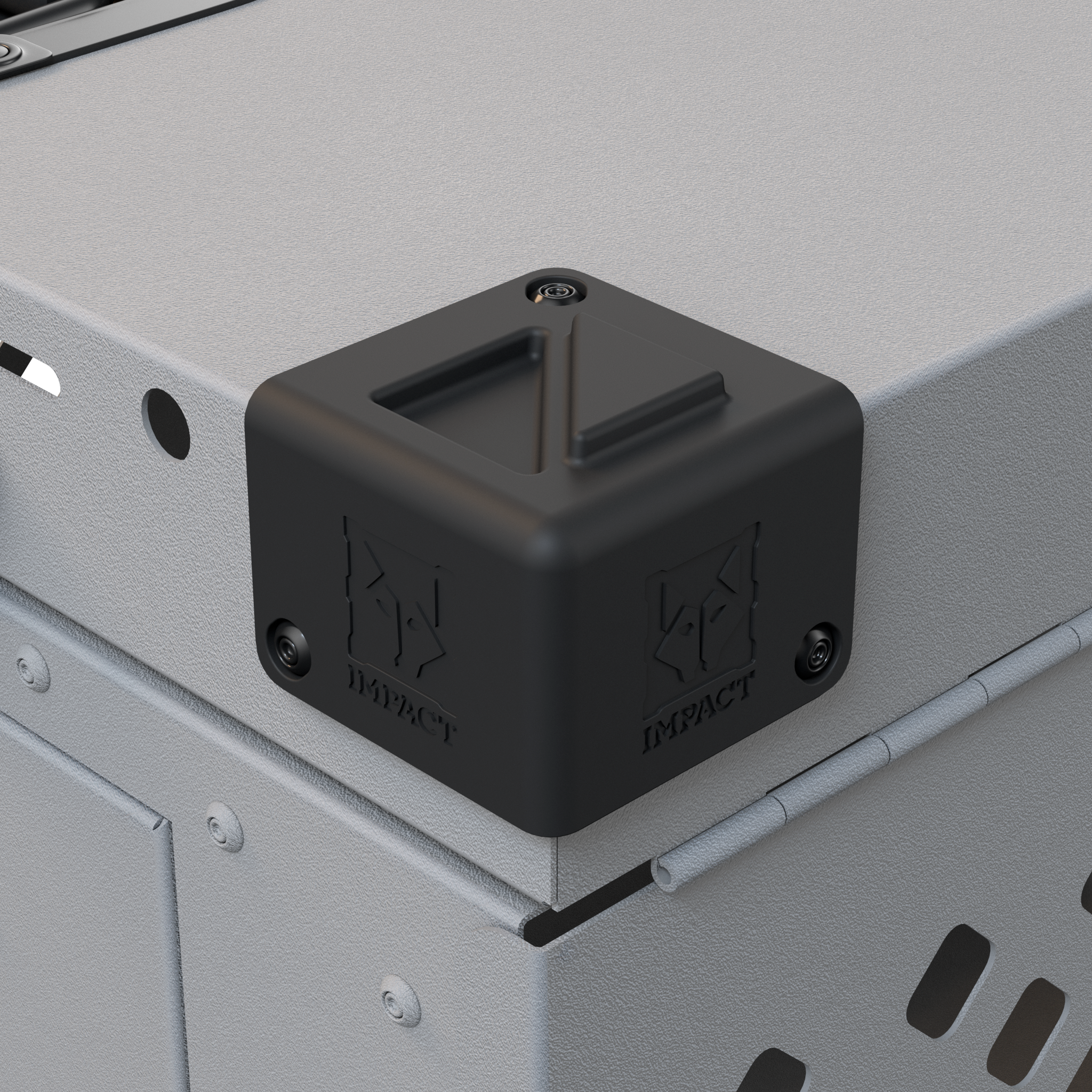 closeup of impact dog crate corner with impact logo
