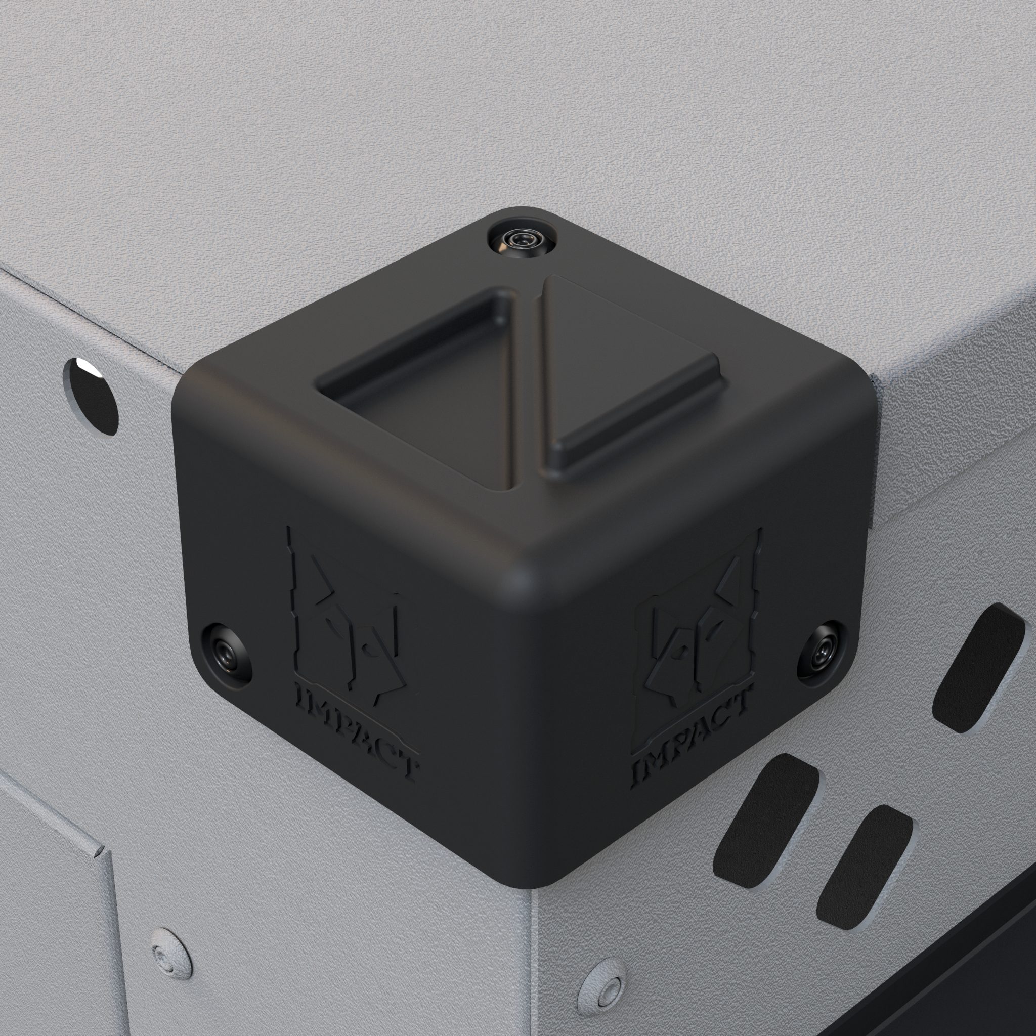closeup universal stacking corner on gray stationary impact dog crate