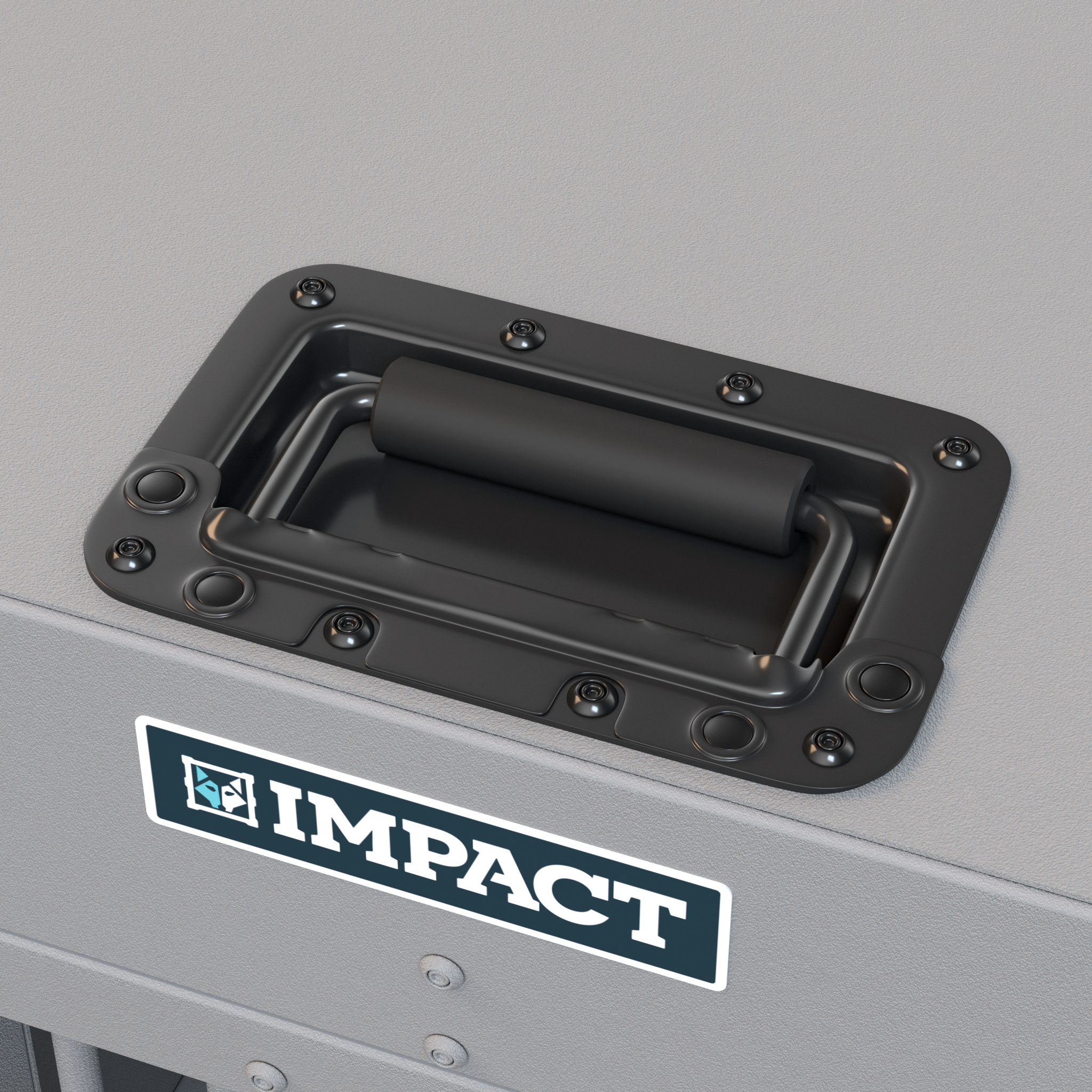 closeup of spring loaded top spring handle gray side door stationary impact crate