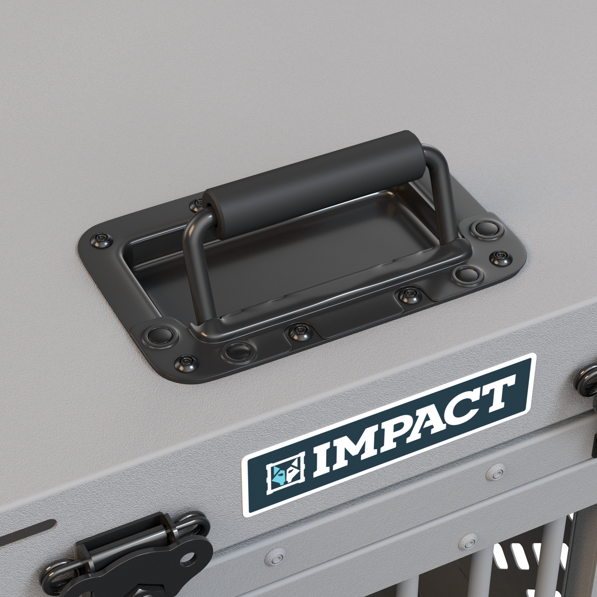 closeup spring loaded handle for collapsible impact crate