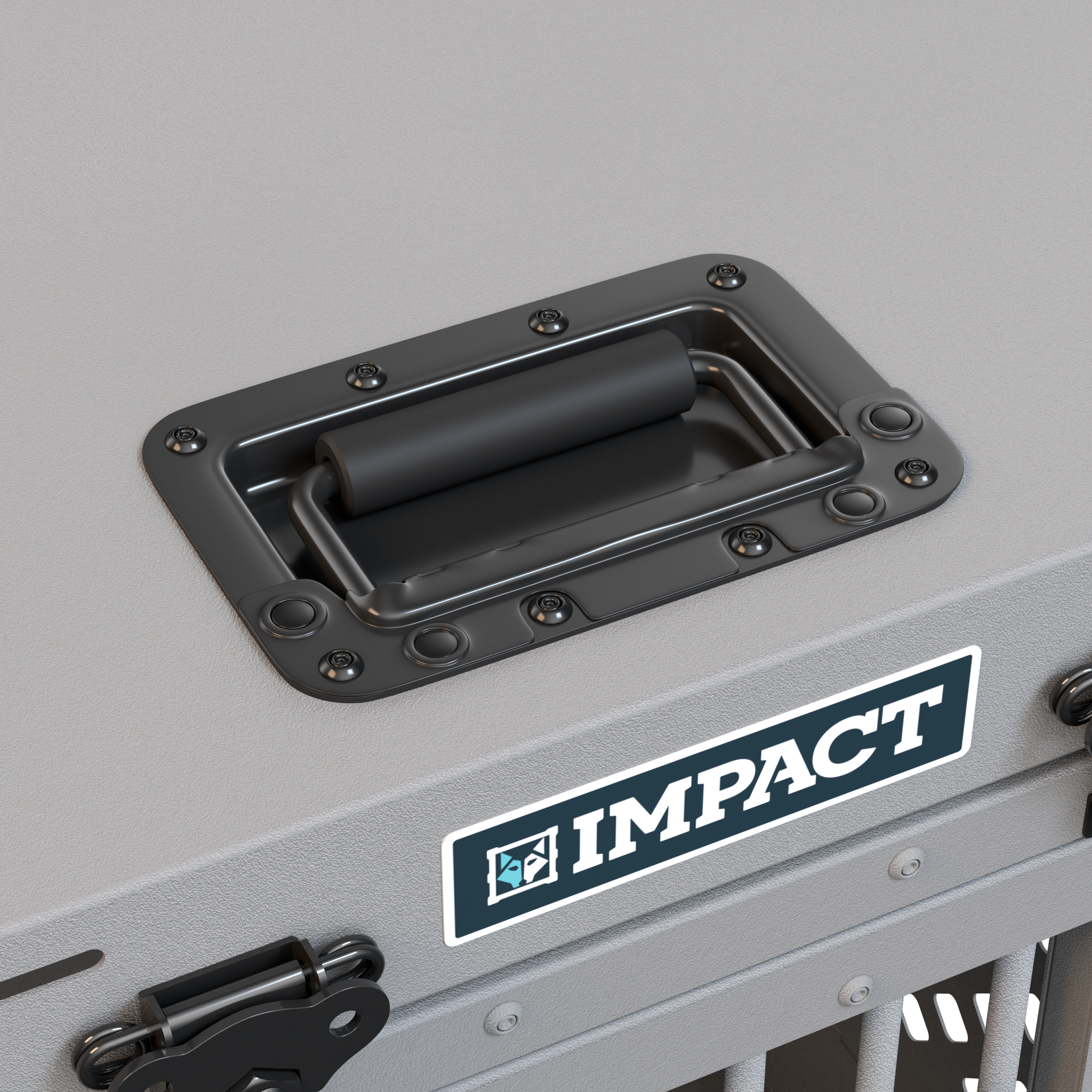 closeup spring loaded handle for collapsible impact crate on top