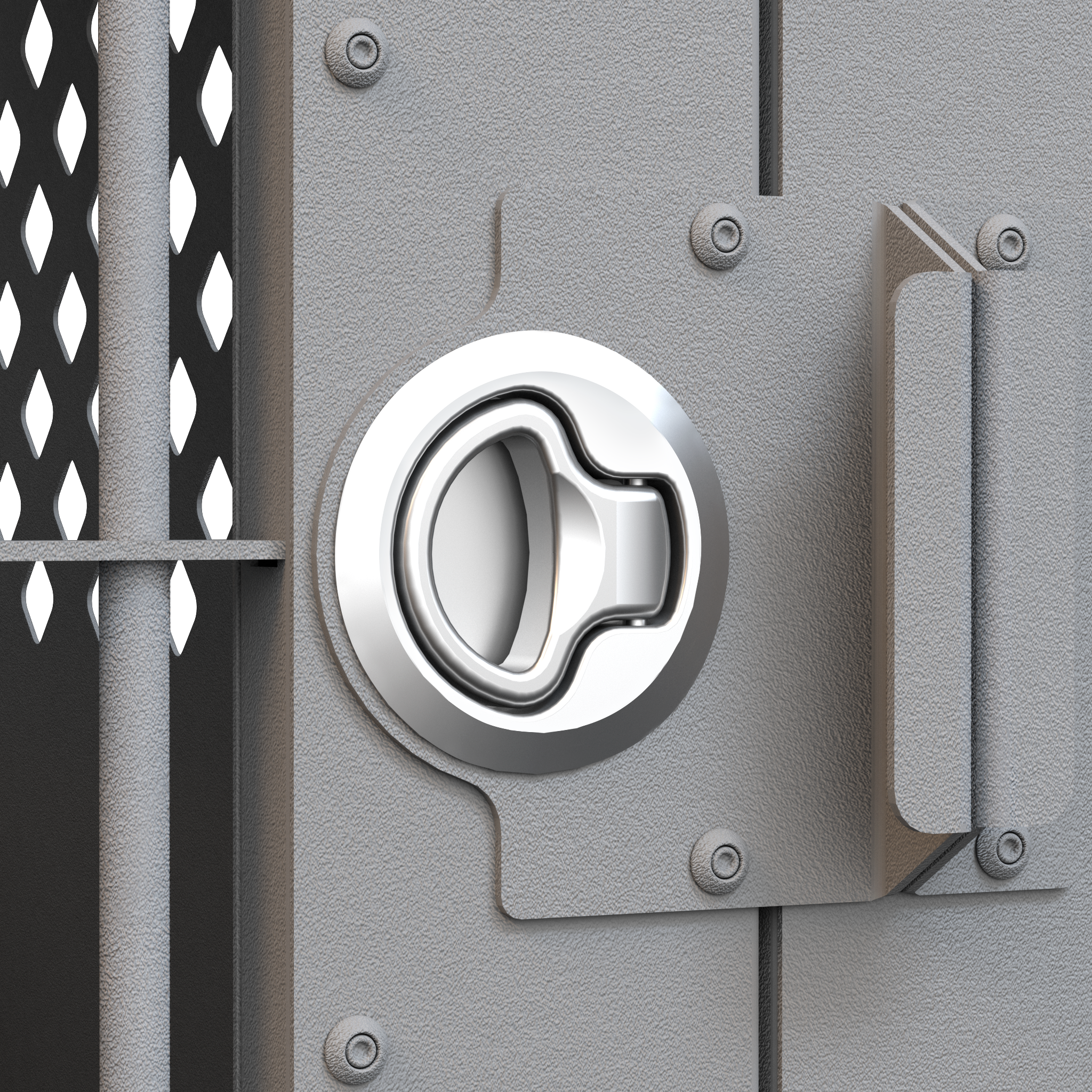 closeup outside slam latch on gray stationary impact dog crate
