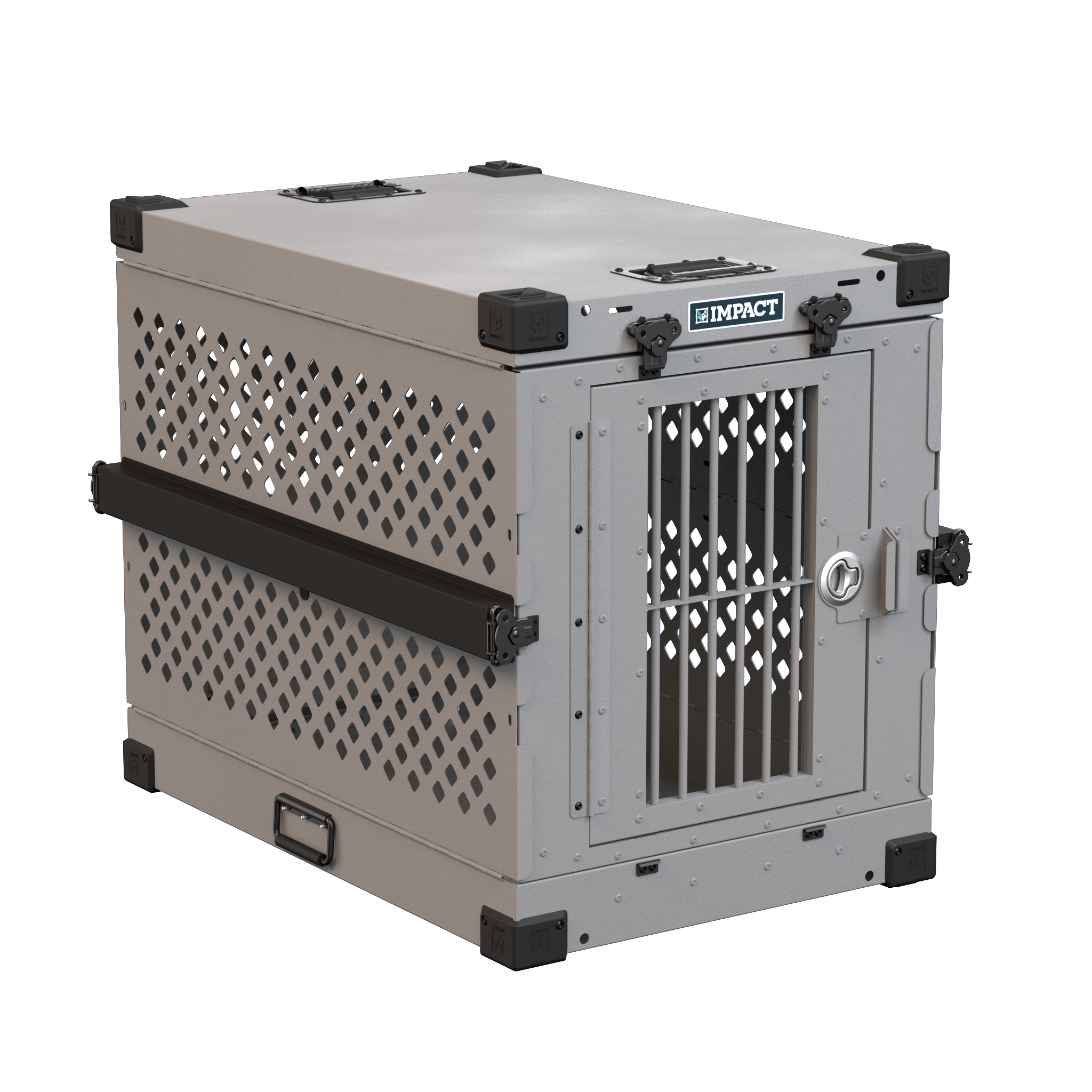collapsible gray impact dog crate fully assembled