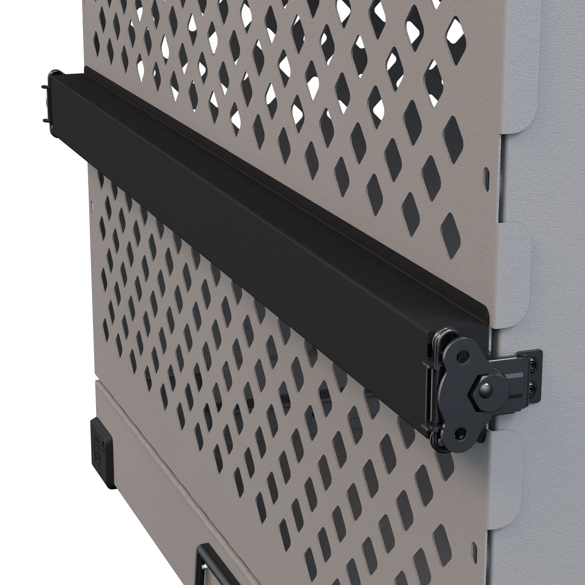 collapsible gray impact crate closeup of airline side rail