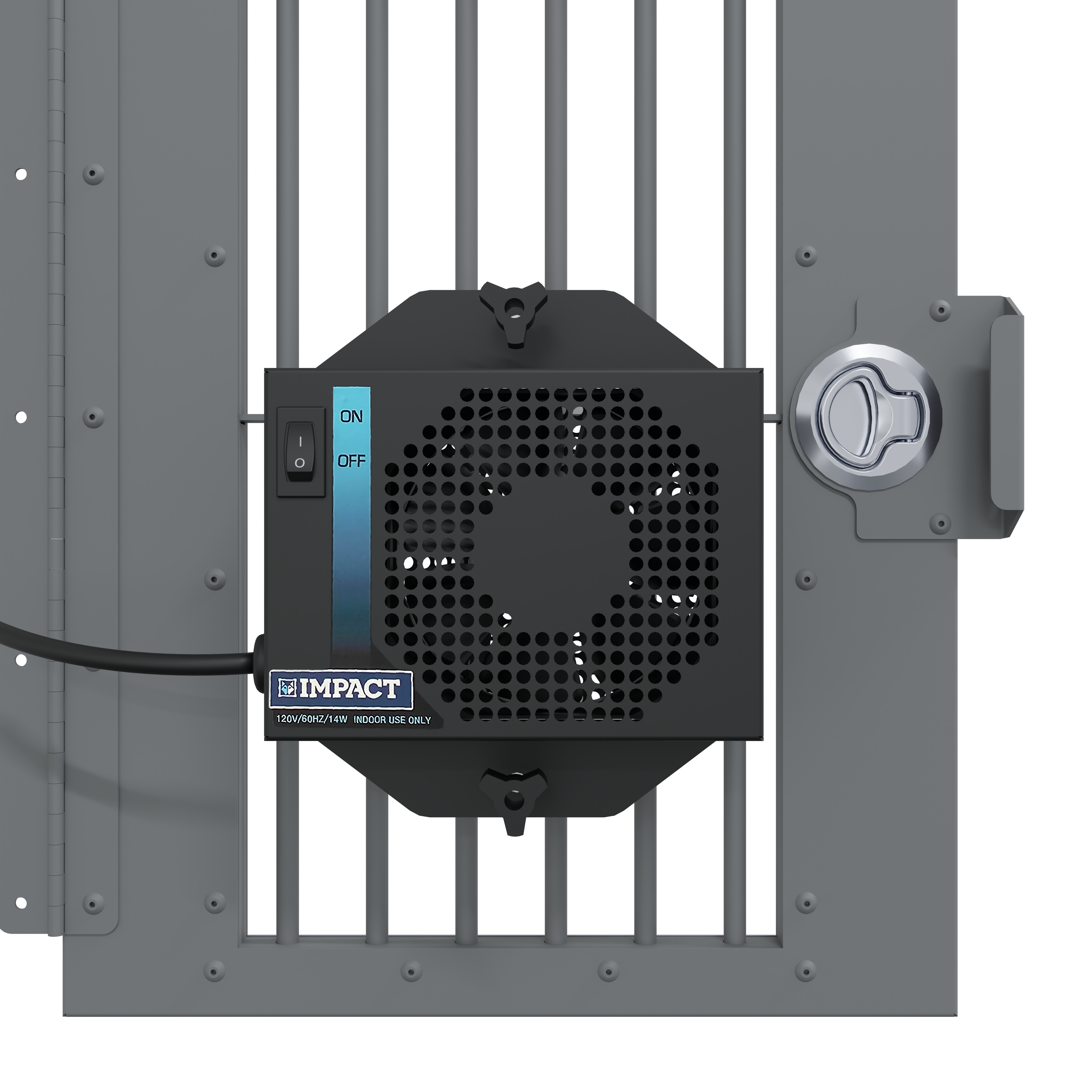 impact dog crate fan installed on front door of gray crate