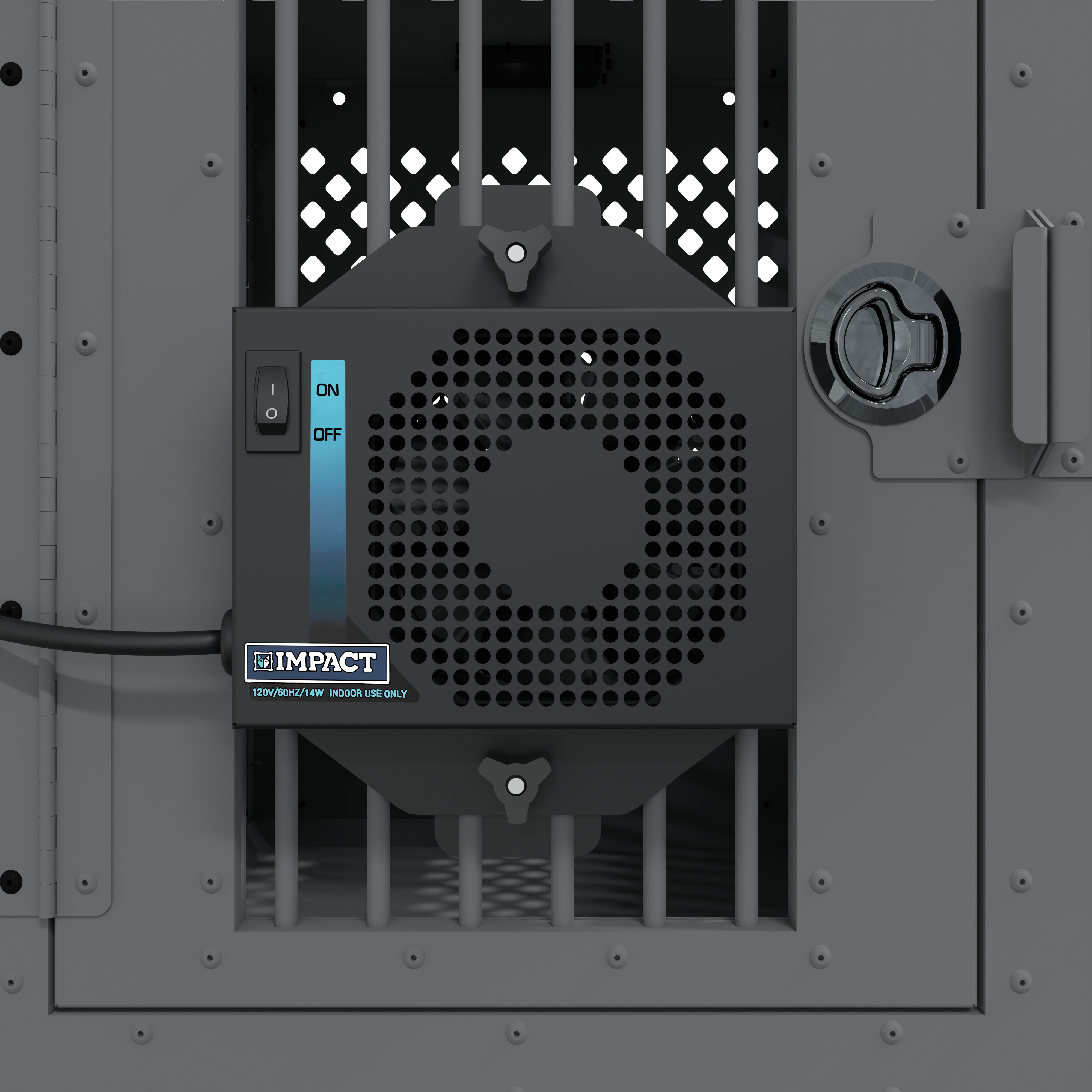 impact dog crate fan attached to front door of gray impact crate