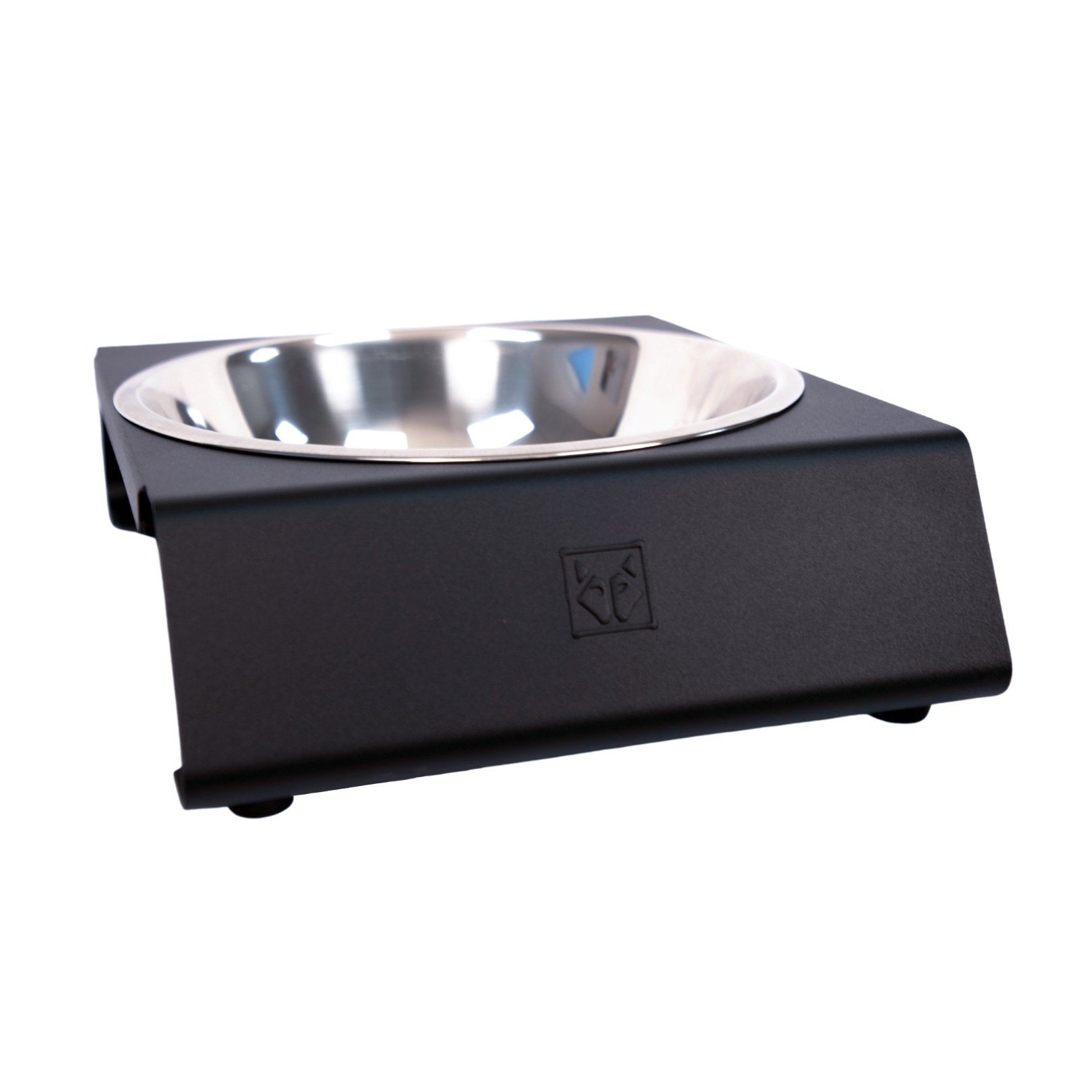 black aluminum dog bowl stand with single stainless steel bowl with impact logo
