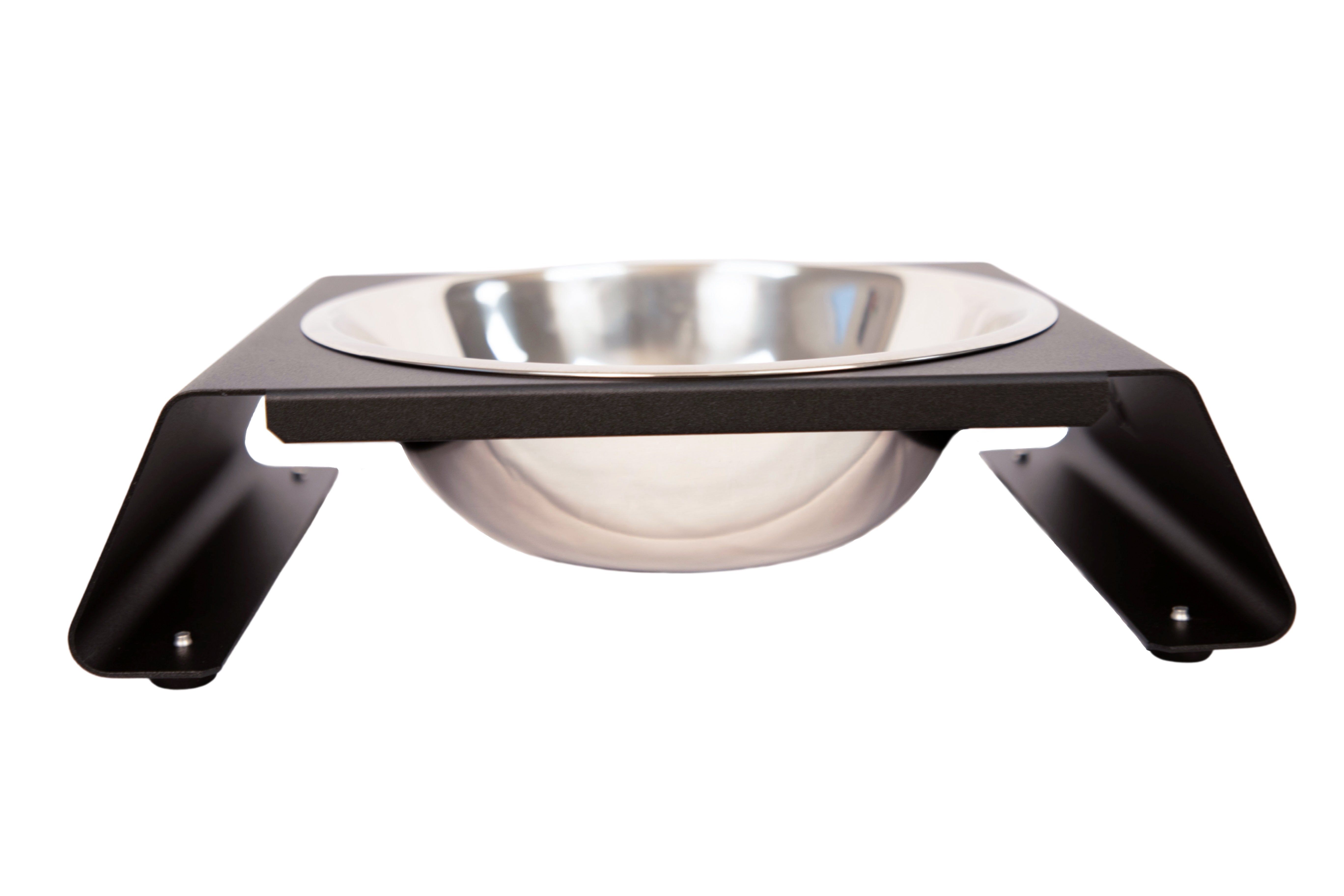 single aluminum dog bowl stand black with stainless steel bowl side view