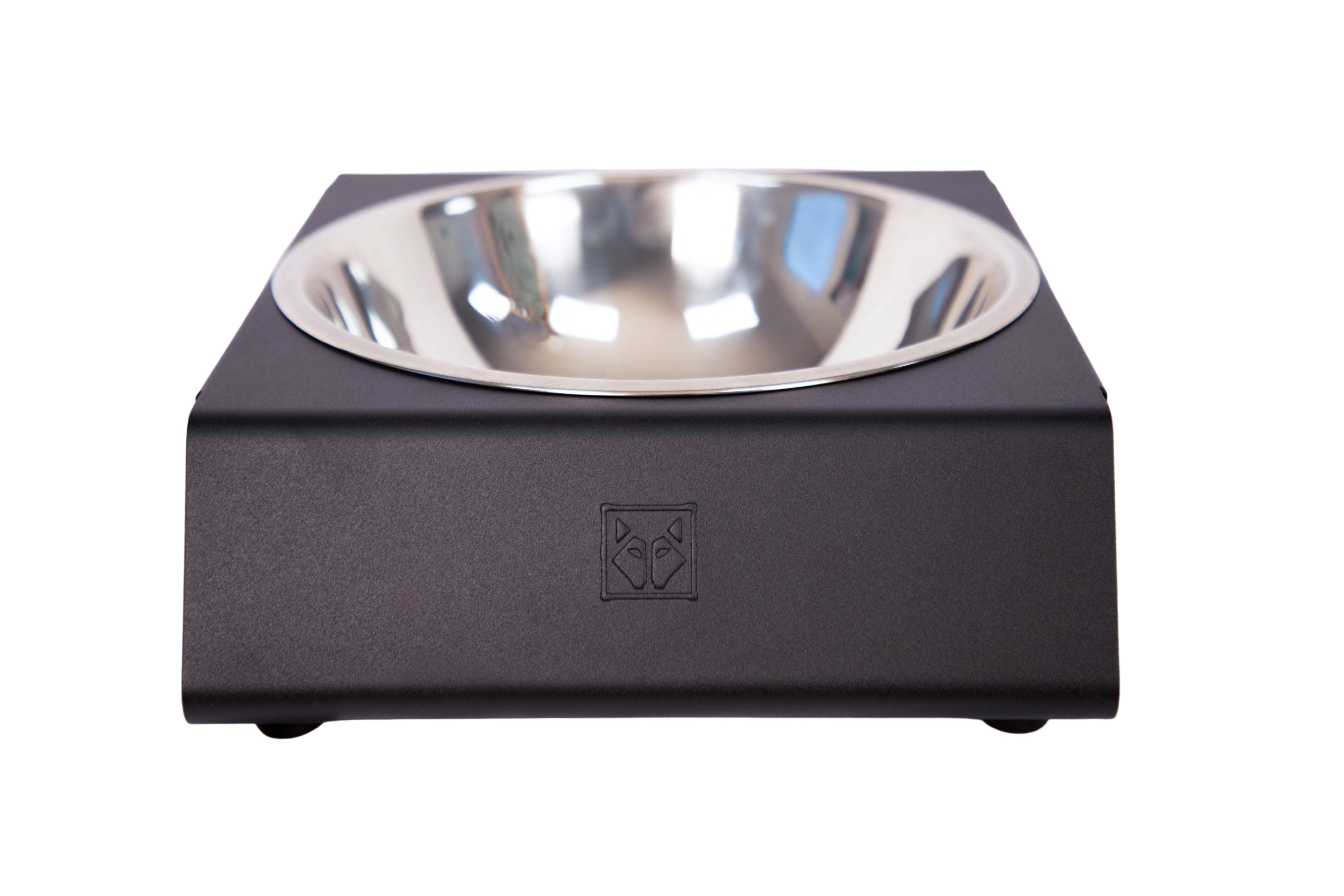 black aluminum dog bowl stand with single stainless steel bowl front view impact logo