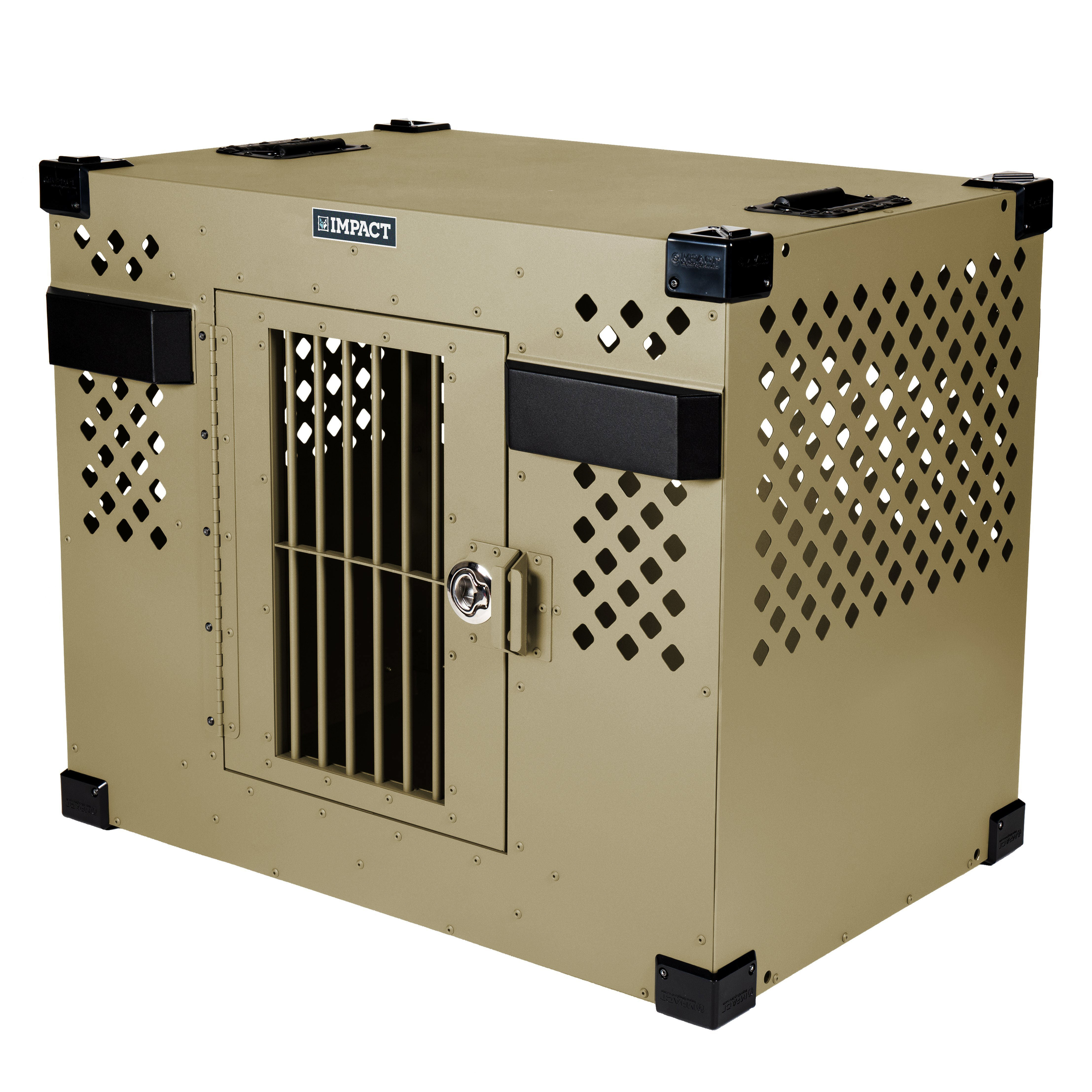 tan side door stationary impact dog crate