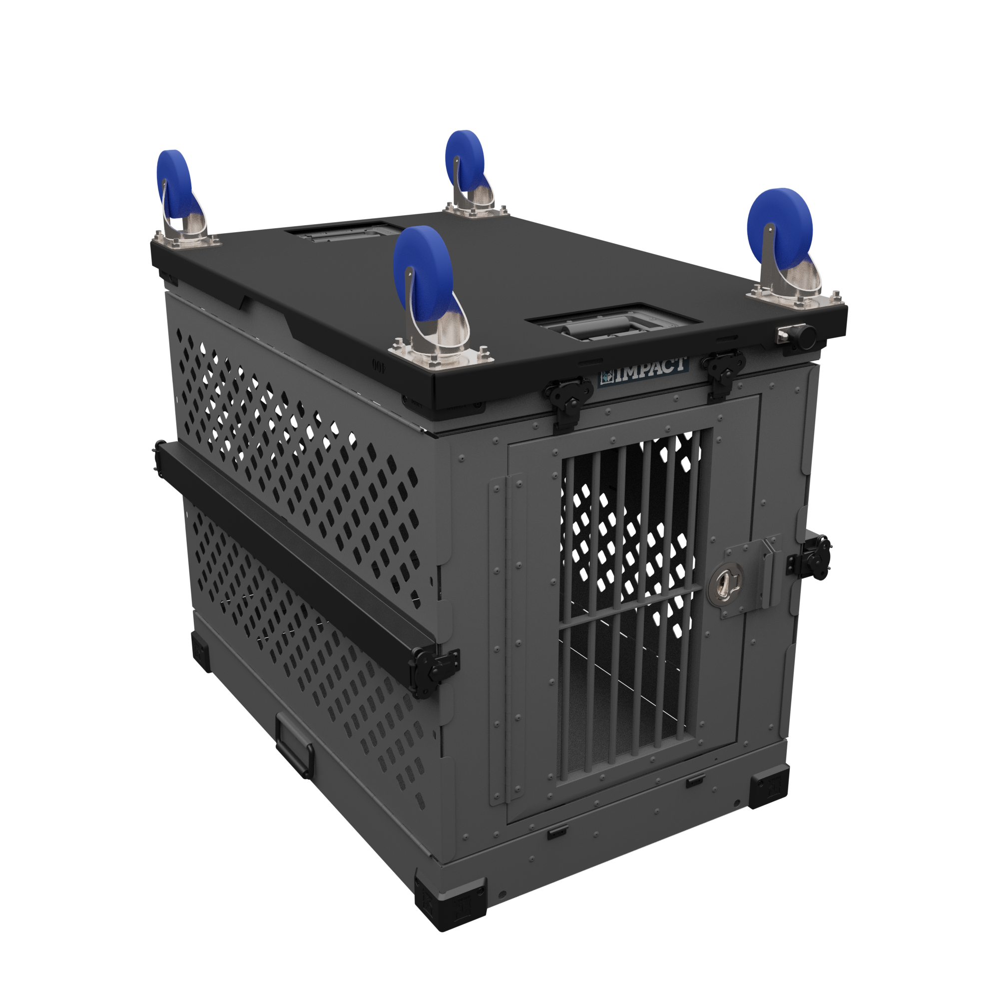 aluminum wheel cart for impact dog crates with locking wheel option product image showing removable wheel cart attached to roof of gray collapsible dog crate