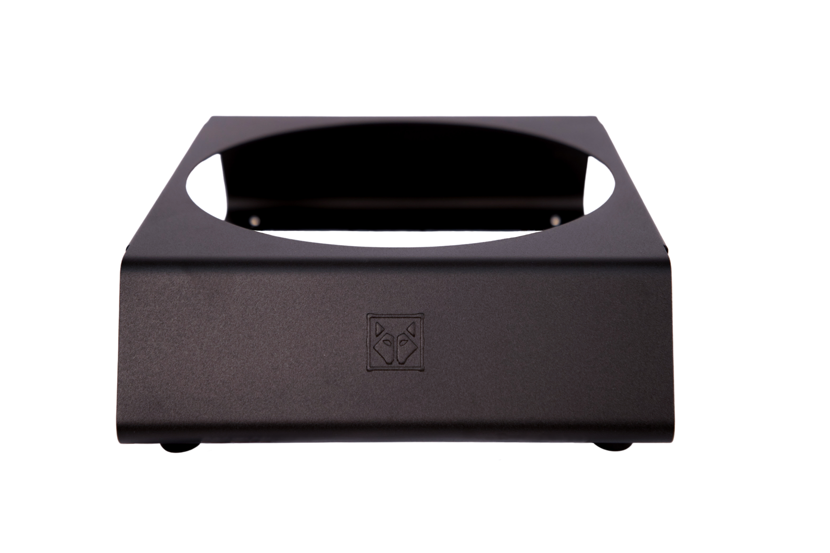 black aluminum dog bowl stand with impact logo in front view